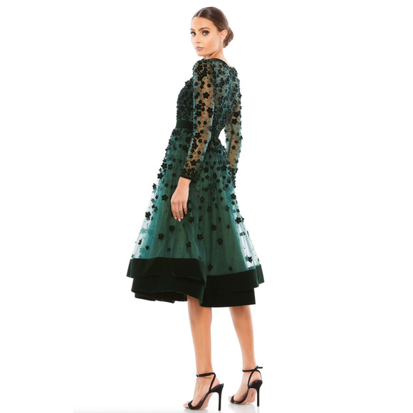 Mac Duggal 67007 Embellished Illusion High Neck Velvet Floral Dress 4 Emerald - Picture 5 of 7
